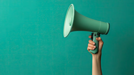 Megaphone held by a hand emerging from the side on a green background, ideal for advertising, speaking up, or leadership themesの素材