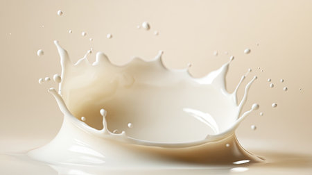 Splash of milk forming a ring in mid-air with droplets flying, placed on a soft gradient background for minimal eleganceの素材