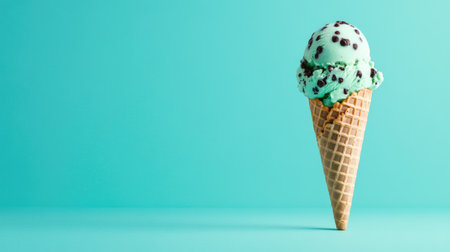 Colorful mint chocolate chip ice cream in a crunchy cone standing upright against a soft turquoise background, perfect for summer-themed visualsの素材