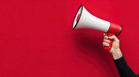 Strong hand holding a classic megaphone in front of a red background, conveying urgency, alert, or public addressの素材