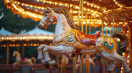 A beautifully painted carousel horse with gold details on a vintage illuminated roundabout, glowing under warm lightsの素材