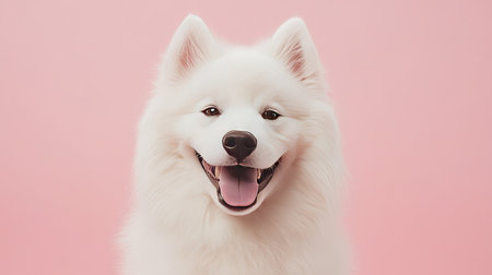 A fluffy white Samoyed with a big, happy grin against a soft pink background, capturing pure joy and lovable charmの素材