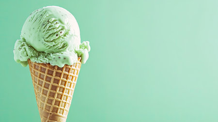 Pistachio ice cream scoop on cone with a mint green background, creating a harmonious and refreshing dessert sceneの素材
