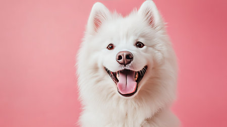 A fluffy white Samoyed with a big, happy grin against a soft pink background, capturing pure joy and lovable charmの素材