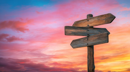 Blank rustic wooden directional signpost photographed against a colorful sunset sky, emphasizing adventure and explorationの素材
