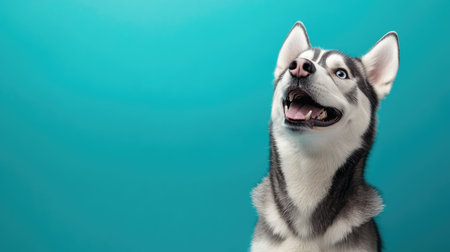 A husky with a joyful open-mouth smile, sitting against a bright turquoise background, full of energy and friendlinessの素材