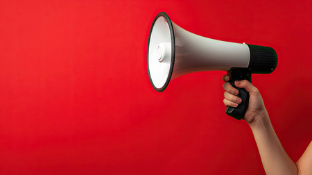 Strong hand holding a classic megaphone in front of a red background, conveying urgency, alert, or public addressの素材