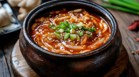 A rustic clay pot filled with spicy kimchi udon, garnished with sesame seeds and sliced green onions, served on a wooden tableの素材