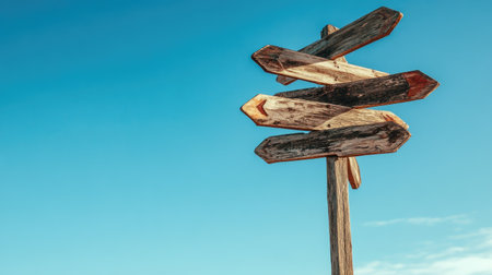 A blank wooden signpost with multiple arrows pointing different ways, standing tall against a clear blue sky, symbolizing choices and directionの素材
