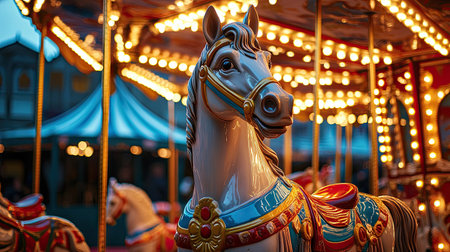 Brightly painted horse on a vintage carousel, shining under illuminated fairground bulbs with festive atmosphereの素材