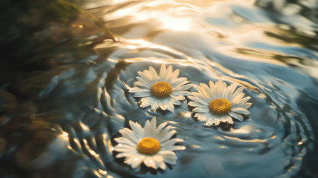 A handful of daisies drifting on the water surface, warm sunlight breaking through with moving light and shadow texturesの素材
