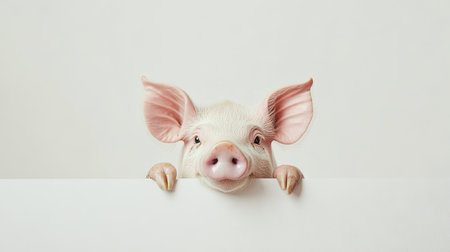 A pig peeks from behind a white background, snout and ears sticking out, creating a minimalist and funny compositionの素材