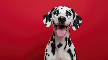 A Dalmatian showing a happy expression with tongue out, sitting on a bold red background, conveying energy and excitementの素材