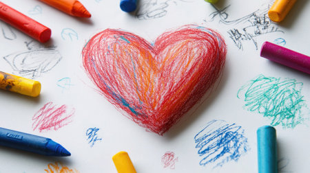 A simple crayon heart surrounded by doodles and scribbles on white paper, playful and artistic designの素材
