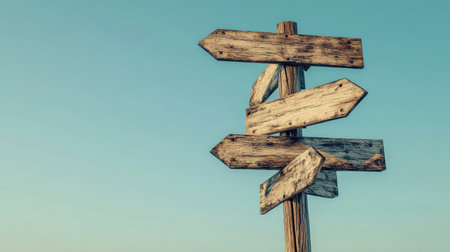 A simple wooden signpost with multiple empty arrows, isolated against clear sky with soft natural light, perfect for travel or choice conceptの素材