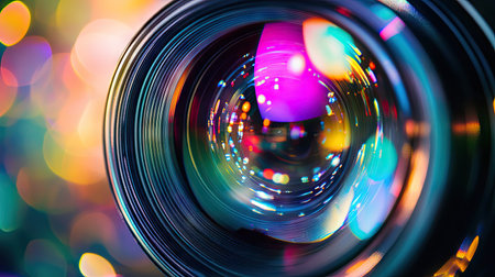 Sharp close-up of a clean camera lens showing concentric circles and shimmering light reflections in various colorsの素材