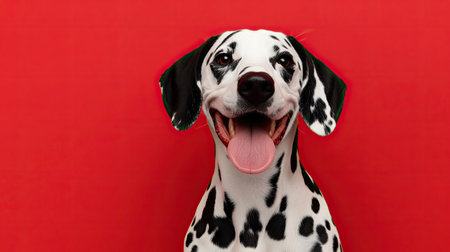 A Dalmatian showing a happy expression with tongue out, sitting on a bold red background, conveying energy and excitementの素材