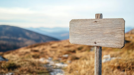 Blank wooden signpost in a natural outdoor setting, clear sky background emphasizing freedom, travel, and adventureの素材