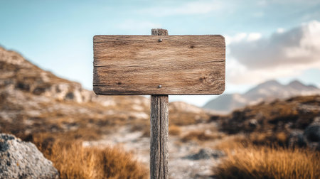 Blank wooden signpost in a natural outdoor setting, clear sky background emphasizing freedom, travel, and adventureの素材