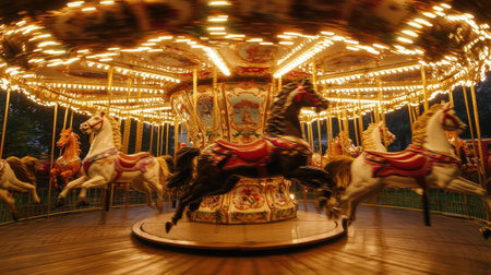 Carousel horses in motion blur, glowing bulbs surrounding them, evoking a magical vintage carnival feelingの素材
