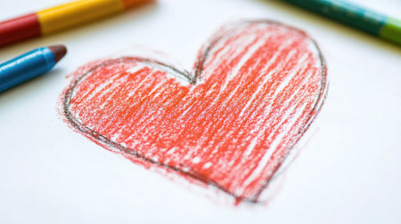 Close-up of a crayon-drawn heart with uneven strokes on white paper, showing childlike creativity and warmthの素材