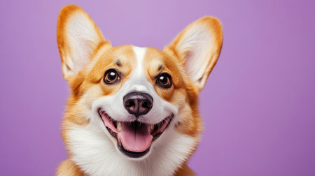Close-up of a corgi with a big happy grin and sparkling eyes, against a lavender background, showing playfulness and affectionの素材