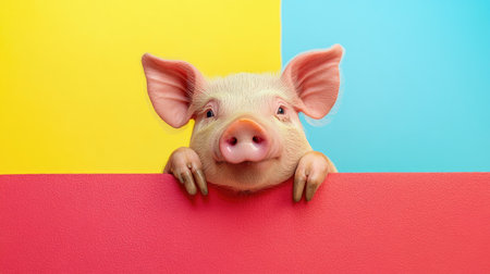 Pig peeking out from behind a bright colorful background, creating a cheerful and humorous stock photo conceptの素材