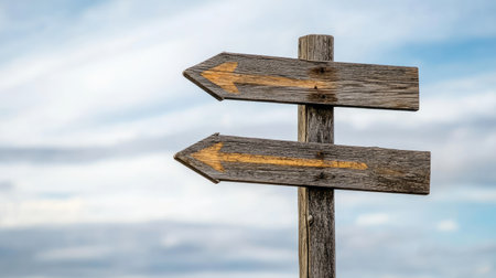 Close-up of a rustic wooden directional signpost with empty arrows, isolated against a bright sky with soft cloudsの素材
