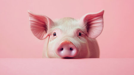 Close-up of a pig's snout and eyes peeking from behind a plain pastel background, playful and minimalist designの素材
