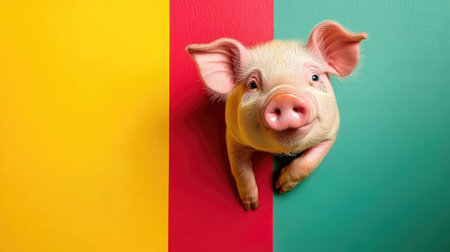Pig peeking out from behind a bright colorful background, creating a cheerful and humorous stock photo conceptの素材