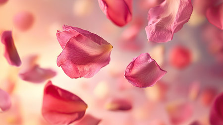 Vibrant petals gently falling in mid-air against a pastel background, creating a dreamy and romantic atmosphereの素材