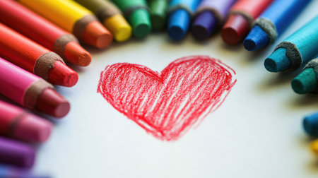 Close-up of colorful crayons framing a paper with a red heart drawn in the center, symbolizing love and creativityの素材
