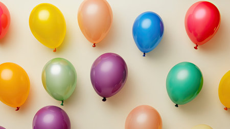Close-up of multicolored flat balloons arranged neatly on a neutral background, highlighting shapes and playful tonesの素材