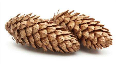 Fresh cedar cones opened to reveal edible pine nuts, isolated on a clean white background, highlighting natural textures and detailsの素材