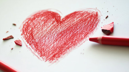 Red crayon heart shaded unevenly on white sheet, with broken crayon pieces lying next to the drawingの素材