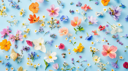 Colorful wildflowers scattered and falling softly on a light blue background, evoking freshness and spring vibesの素材