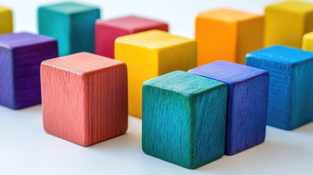 Close-up of neatly stacked wooden blocks in vibrant colors, isolated on a white surface, highlighting order and designの素材