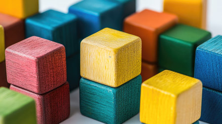 Close-up of neatly stacked wooden blocks in vibrant colors, isolated on a white surface, highlighting order and designの素材