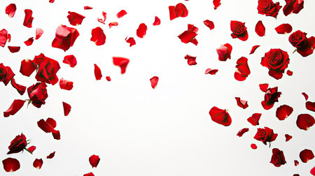 Red roses falling gracefully onto a white background, frozen in motion for an elegant and dramatic effectの素材