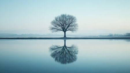 Minimalist perspective of a lone tree in reflective water, emphasizing isolation, tranquility, and natural symmetryの素材