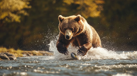 Powerful brown bear in motion, mid-catch of a salmon in a sparkling river, surrounded by natural wilderness sceneryの素材