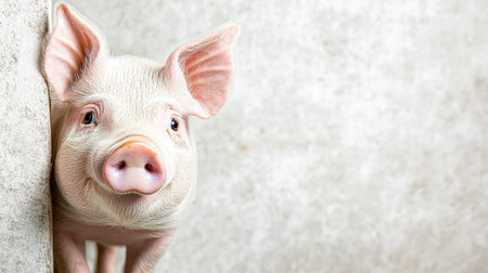 Cute pig with bright eyes peeking from behind a textured wall, humorous and charming composition on clean backgroundの素材