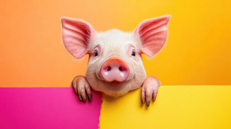 Pig peeking out from behind a bright colorful background, creating a cheerful and humorous stock photo conceptの素材