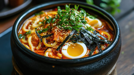 Kimchi udon noodles in a clay pot, garnished with nori strips and chili oil drizzle, highlighting texture and vibrant colorsの素材