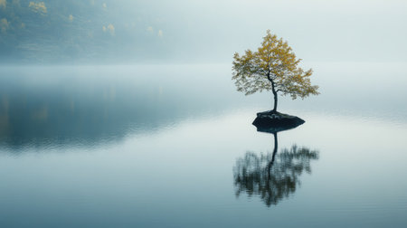 Lonely tree in the middle of a quiet lake, soft morning light casting subtle shadows on the water surfaceの素材