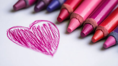 Red, pink, and purple crayons lying beside a heart sketch on a blank white page, symbolizing love and art togetherの素材
