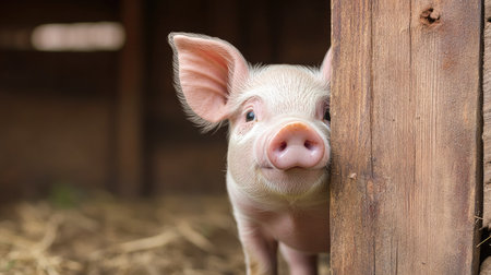 Curious piglet looking out from behind a rustic barn door, head tilted slightly, playful countryside atmosphereの素材