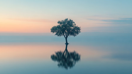 Minimalistic shot of a solitary tree in still water at dusk, warm and cool tones blending in reflectionの素材