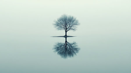Single leafless tree rising from calm water, mirrored perfectly in the reflection, minimalistic and tranquil compositionの素材