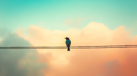 Bird standing on cable with bright sky and soft clouds in background, emphasizing simplicity and connection with natureの素材
